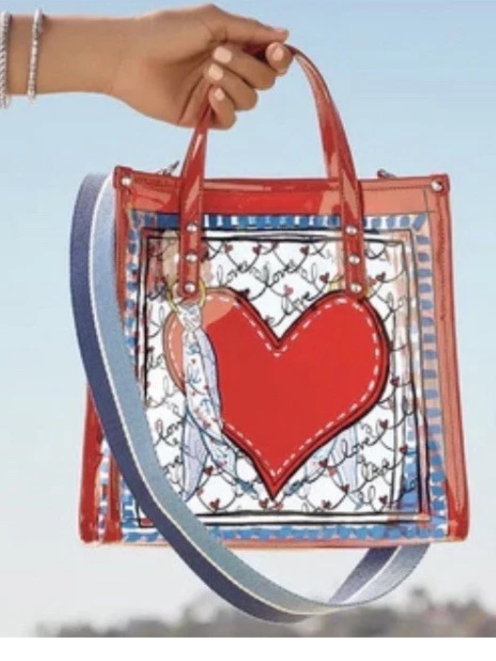Brighton Summer Heart Clear Vinyl Tote Bag Red Patent Trim Crossbody Love Print